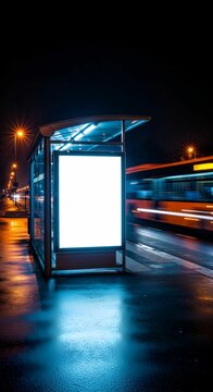 Nighttime Urban Scene of Empty Bus Stop with Illuminated Ad Panel and Light Trails from Passing Orange Bus on Wet Street