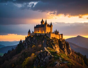 Obraz premium Majestic castle atop a mountain at sunset
