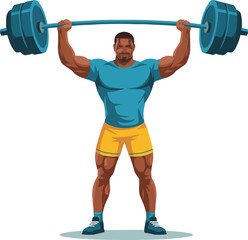 Muscular man lifting heavy barbell overhead in a fitness gym