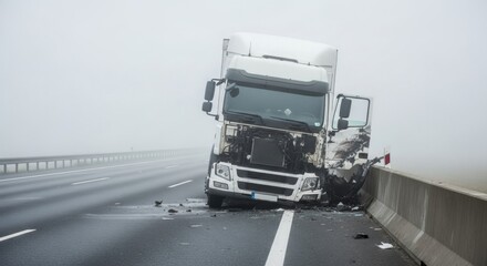 White semitruck involved in an accident on a highway in thick fog. Truck crash on a misty road barrier. Transportation incident and road safety concept.