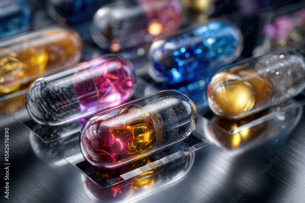 Poster colorful capsules arranged neatly on a reflective surface in a modern setting