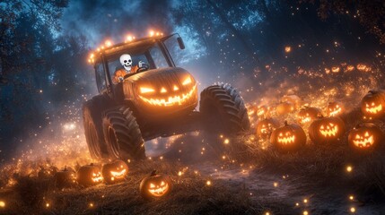 Skeleton man driving a tractor with a pumpkin face in a field of glowing jack o' lanterns for Halloween celebration. Samhain