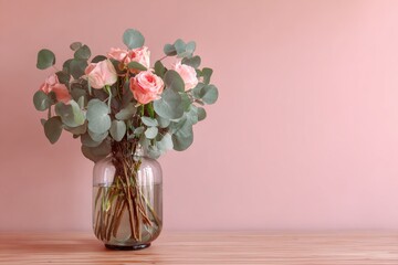 A clear glass vase holds a bouquet of pale pink roses and eucalyptus leaves, sitting on a light wood surface against a blush pink wall