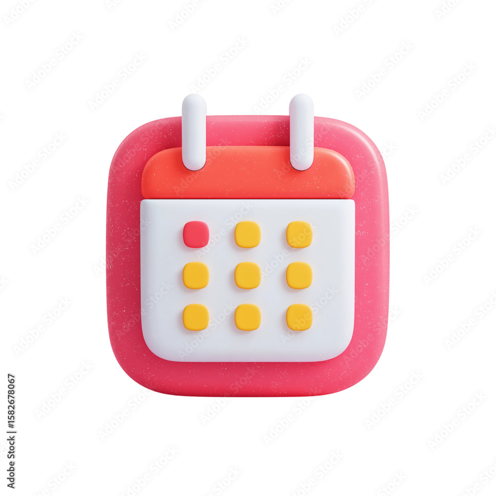 Poster 3d illustration of a stylized calendar icon with a red highlighted day isolated on transparent backg