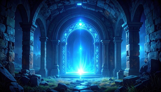 An arched stone doorway glows with ethereal blue light, beckoning travelers toward an unknown destination in the mystical fantasy landscape.