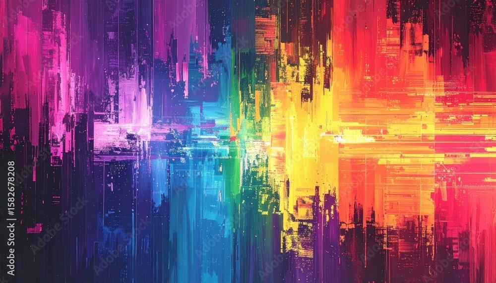 Poster a vibrant abstract painting featu a spectrum of rainbow colors blending and overlapping in a texture