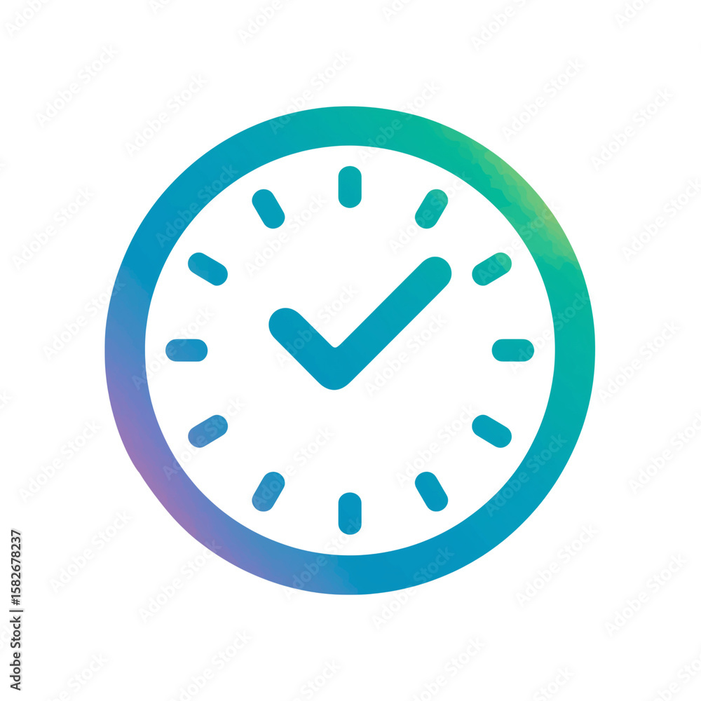 Poster modern abstract clock face with check mark icon and gradient colors isolated on transparent backgrou