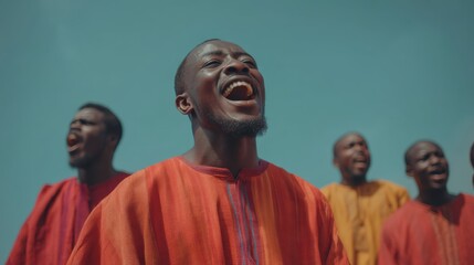 Naklejka premium Joyful men singing outdoors in colorful traditional clothing