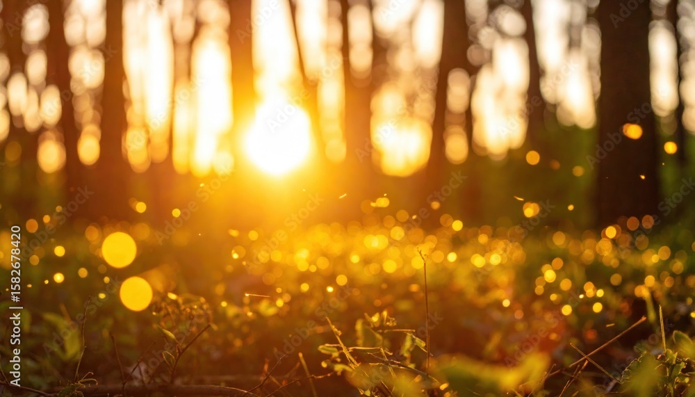 Poster sunbeams filtering through trees illuminating dancing dust motes in a forest