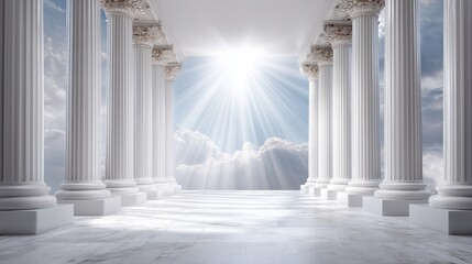 Ancient white marble columns with sunlight and clouds in background