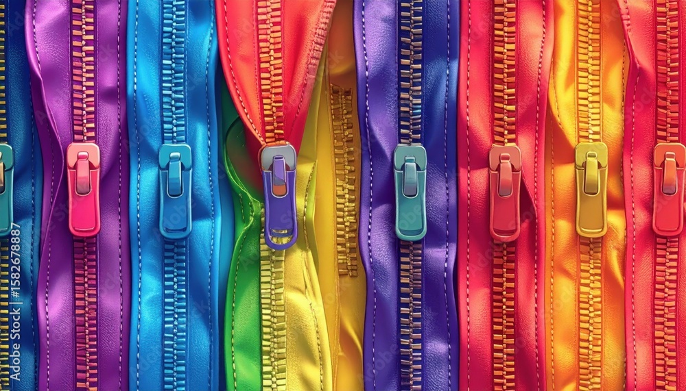 Poster close up view of multiple colorful zippers each with unique slider pull tabs