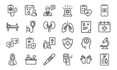 Medical and Healthcare Line Icon Set Vol. 2 – Emergency, Telemedicine, Insurance, Mental Health, Microscope and Diagnosis Symbols