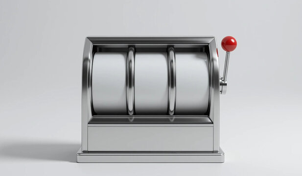 Classic silver slot machine with blank reels and red lever.