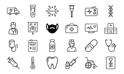 Medical and Healthcare Line Icon Set Vol. 1 – Doctor, Hospital, Medicine, Covid and First Aid Outline Vector Pack