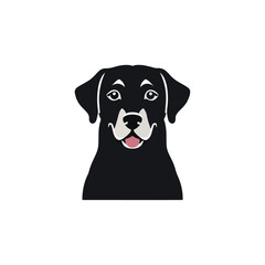 Sitting Labrador Retriever dog, a black and white vector logo illustration isolated on a white background.