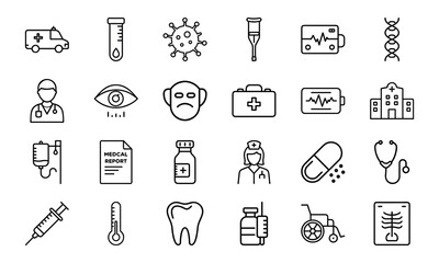 Medical and Healthcare Line Icon Set Vol. 1 – Doctor, Hospital, Medicine, Covid and First Aid Outline Vector Pack