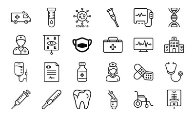 Medical and Healthcare Line Icon Set Vol. 1 – Doctor, Hospital, Medicine, Covid and First Aid Outline Vector Pack