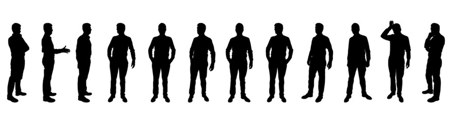 Silhouette of standing businessman in different poses. Set. Vector illustration