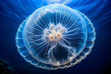 Obraz premium Captivating image of Aurelia aurita, commonly known as the moon jellyfish, gracefully floating through deep blue water with its delicate, translucent body and intricate patterns