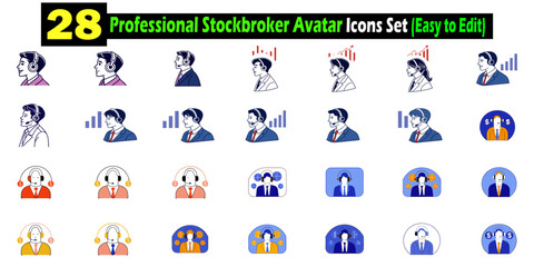 Fototapeta premium Set of twenty eight professional stockbroker avatar icons depicting financial professionals in different styles