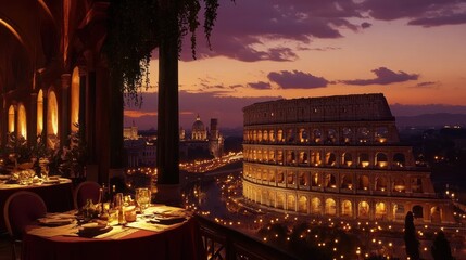 Romantic dinner overlooking the Colosseum at sunset.