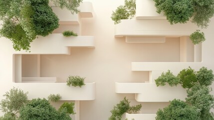Fototapeta premium Building exterior shows multiple levels. Plants fill the ledges. Architecture with rounded shapes. Clean simple aesthetic. Light colors.