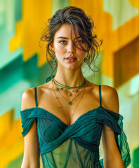 Elegant Woman in Green in a Studio Fashion Portrait