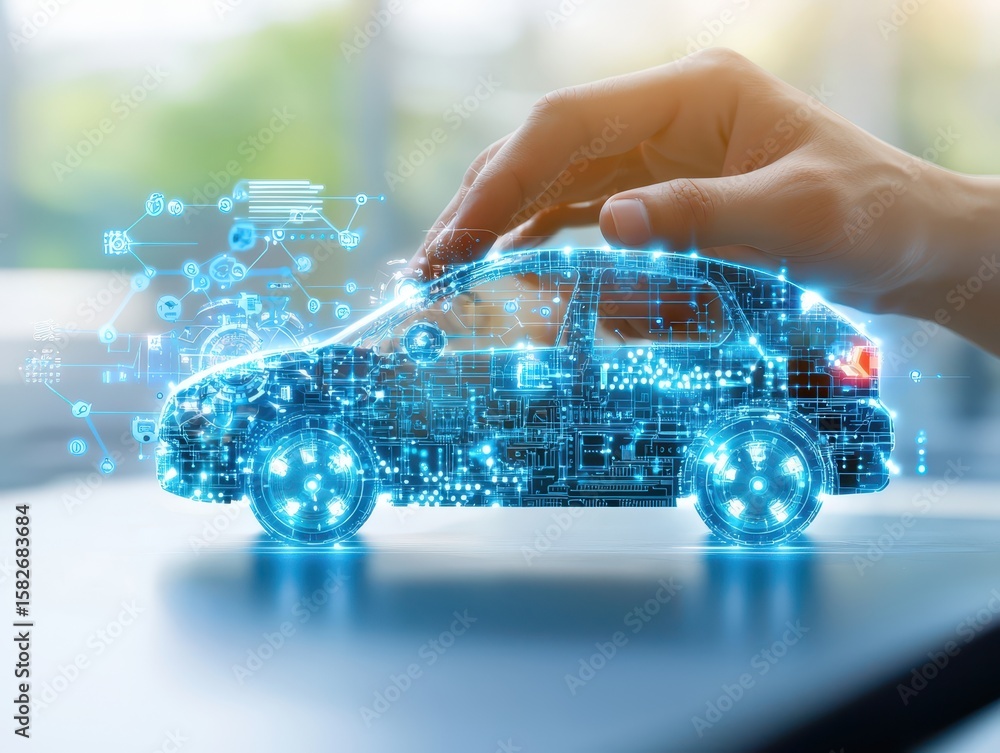 Poster engineer technician designer concept. a digital hand manipulating a futuristic car model with circui