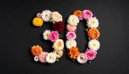 Number 30 made out of flowers with black background. Photo for 30th birthday or anniversary party