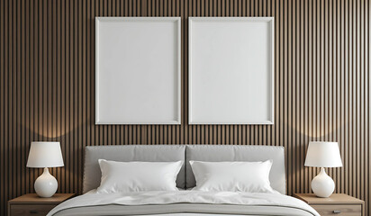 Modern bedroom interior with two blank frames above the bed, perfect for showcasing your designs. Neutral tones and sleek style.