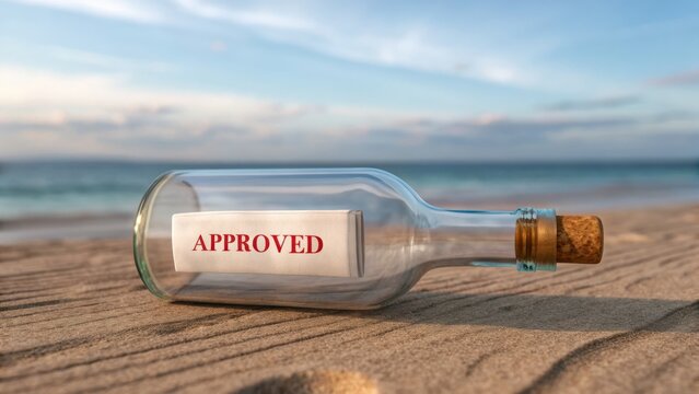 Mentor Approved Message in a bottle on the beach with the word "APPROVED" inside.