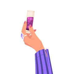 Vector cocktail beverage. Palm holding glass of alcohol. Isolated element for nightclub or summer beach party, lounge. Celebration and holiday fun, festive. Shaker, mocktail, drink mix. Exotic liquid.