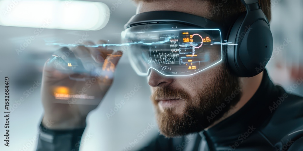 Poster engineer technician designer concept. futuristic man using augmented reality glasses in a high-tech 