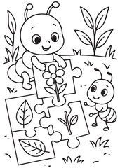 Coloring book page of aphids assembling flower puzzle.