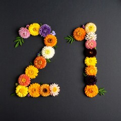Number 21 made out of flowers with black background. Photo for 21st birthday or anniversary party