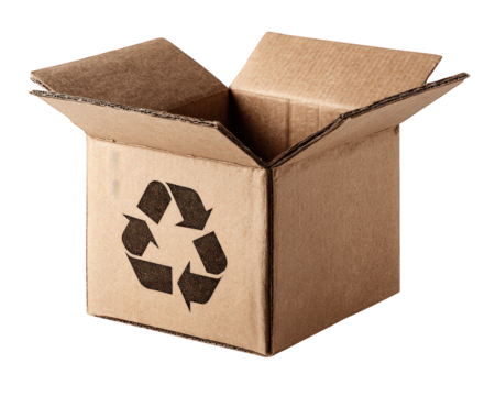 Cardboard box with recycling symbol, open brown container, eco friendly packaging, isolated on transparency background, sustainable material, environmental concept