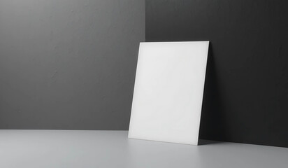 Blank white card mockup, standing upright against a dark grey and black background. Perfect for showcasing your design.