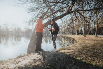 A young couple shares a tranquil moment under a tree by a scenic lake in a park, reflecting harmony...