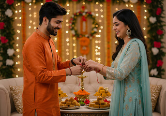 A woman ties a Rakhi bracelet on a man's wrist.