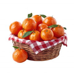 Fresh Orange Tangerines  in Wicker Basket on Transparent Background