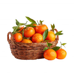 Fresh Orange Tangerines  in Wicker Basket on Transparent Background