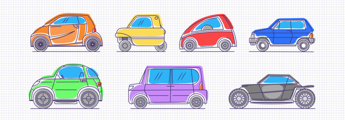 Vector set of european toon simple hand drawn colored mini cars. Outline simple subcompacts. Small toy city transport. Childish doodles. Collection of cartoon automobiles