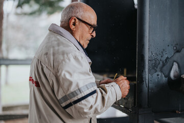 Senior man appears focused while engaged in a task outside, blending nature with industrial...