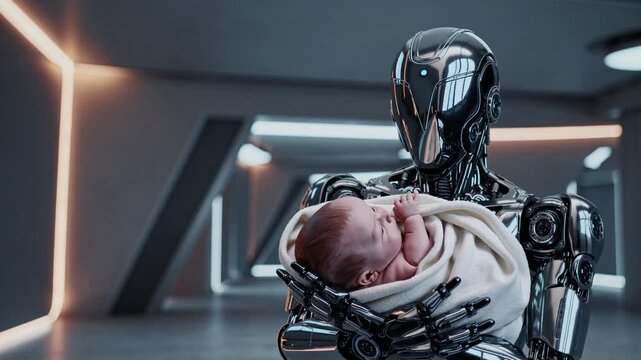 Robot cradling baby in a futuristic environment showcasing advanced technology and human care