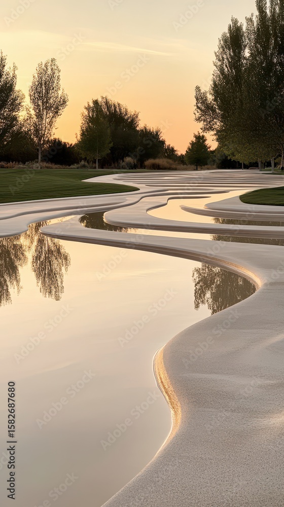 Poster calm water flows winding path. grass grows beside path with trees under soft light sky. peaceful out