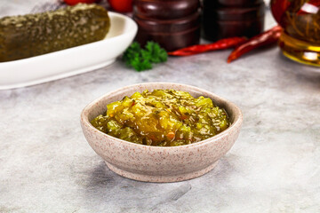 Souce gherkin relish with marinated cucumbers