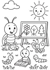 Coloring book aphid teaching art lesson to other bugs.