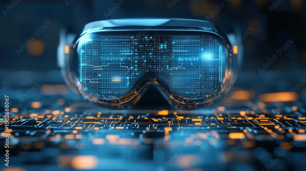 Poster engineer technician designer concept. futuristic virtual reality goggles with digital circuitry desi