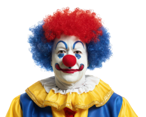 Colorful clown costume with red nose, blue and red curly wig, white face paint, yellow ruffled collar, cheerful expression, isolated on transparency background