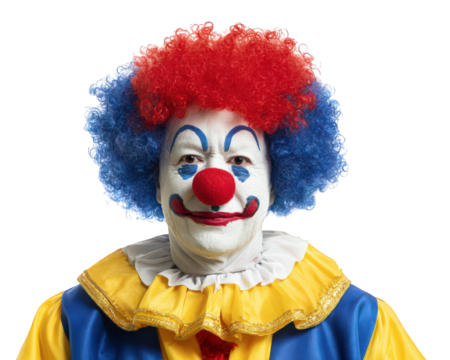 Colorful clown costume with red nose, blue and red curly wig, white face paint, yellow ruffled collar, cheerful expression, isolated on transparency background